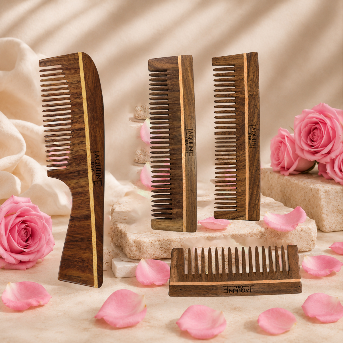 JAQULINE USA Rosewood Wooden Grooming Comb Anti Frizz Detangling Comb Smooth Teeth Scalp Massage Natural Hair Care Tool for M
