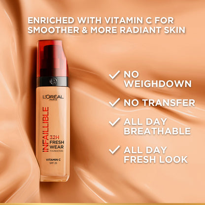 L’Oréal Paris Infallible 32H Fresh Wear Foundation, Luminous Coverage, Shade No 340, 30ml