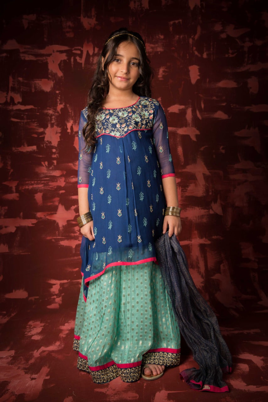 Komal's KDD-01301 | Blue & Ferozi | Formal 3 Piece Suit | Polyester Crinkle