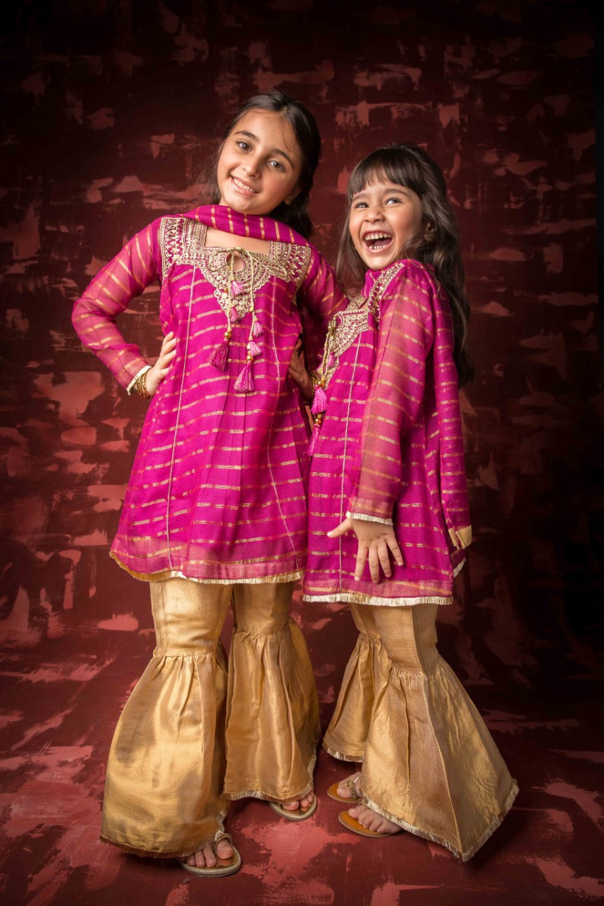 Komal's KDD-01418 | Magenta & Gold | Formal 3 Piece Suit | Banarsi Khaddi Net