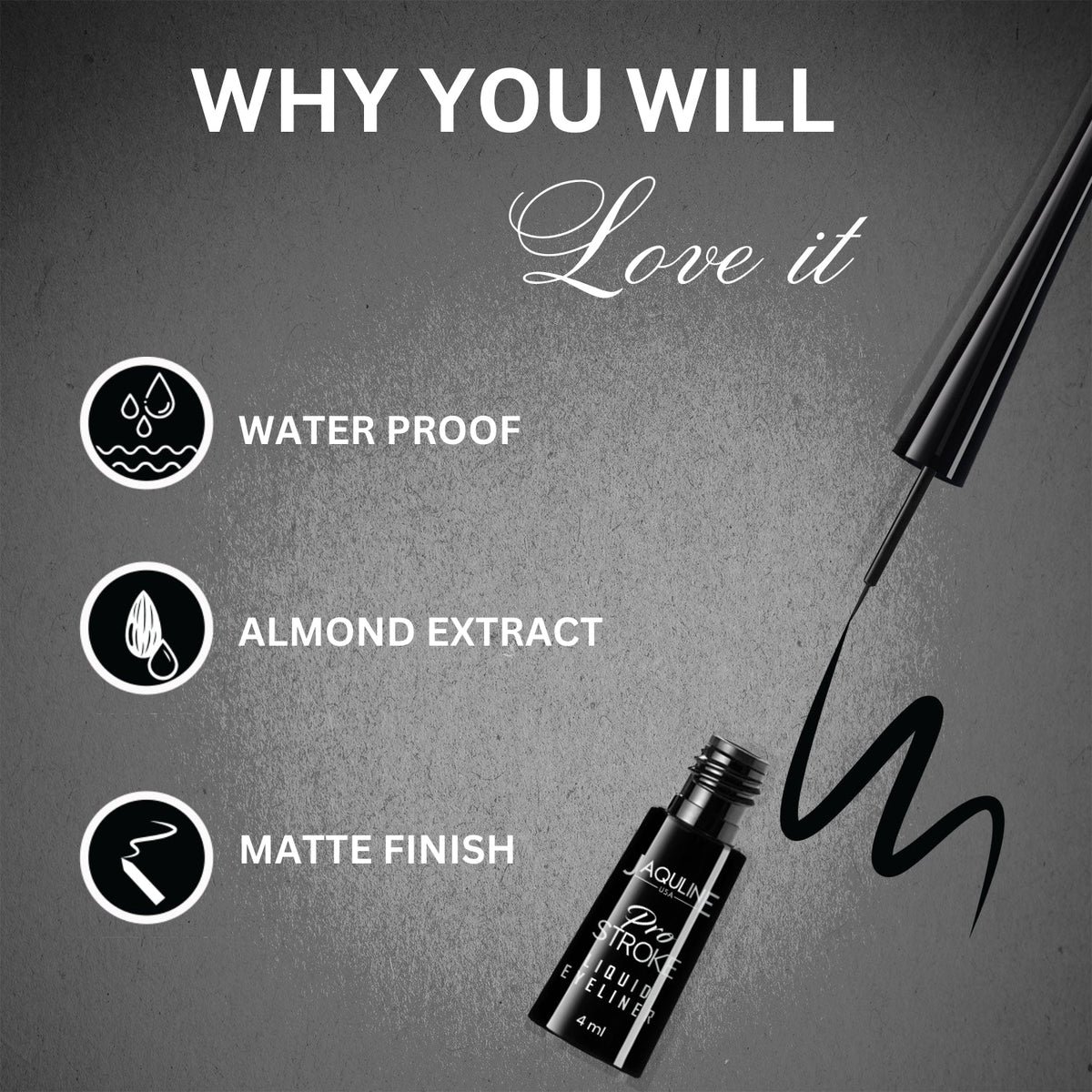 Jaquline USA Pro Stroke Liquid Eyeliner Matte Black 4ml, Enriched with Almond Extract, long lasting, Smudge proof