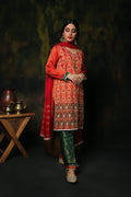 Komal's LDD-01161 | Orange & Green | Formal 3 Piece Suit | Banarsi Khaddi Net