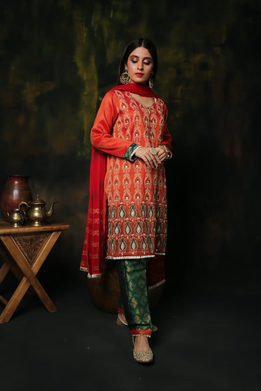 Komal's LDD-01161 | Orange & Green | Formal 3 Piece Suit | Banarsi Khaddi Net