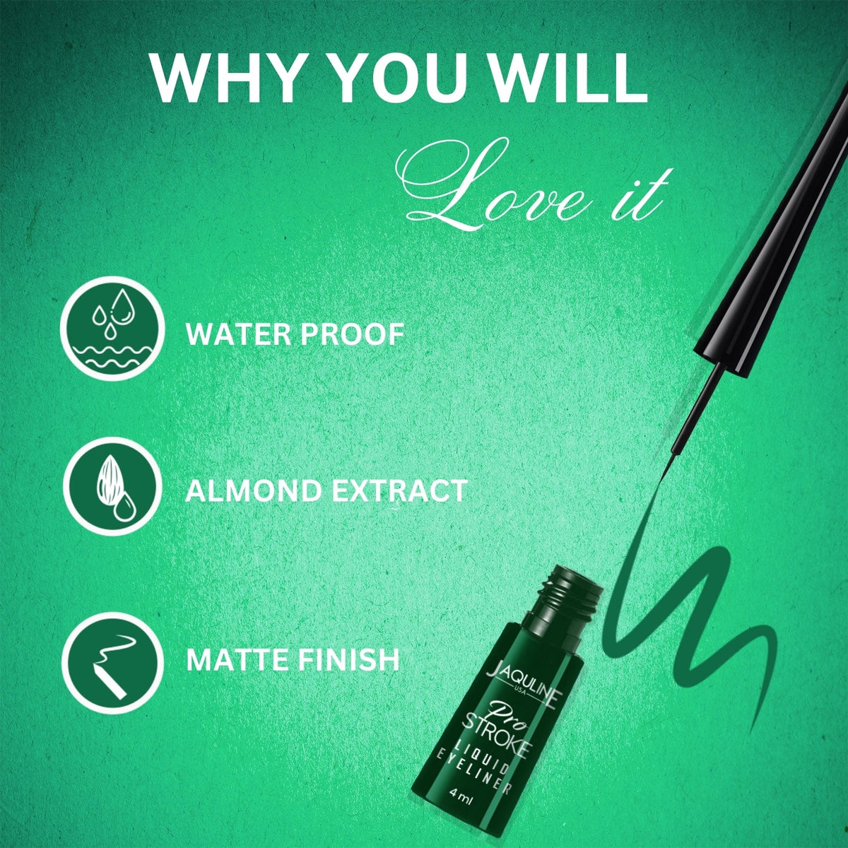Jaquline USA Pro Stroke Liquid Eyeliner Jade Green 4ml, Enriched with Almond Extract, long lasting, Smudge proof