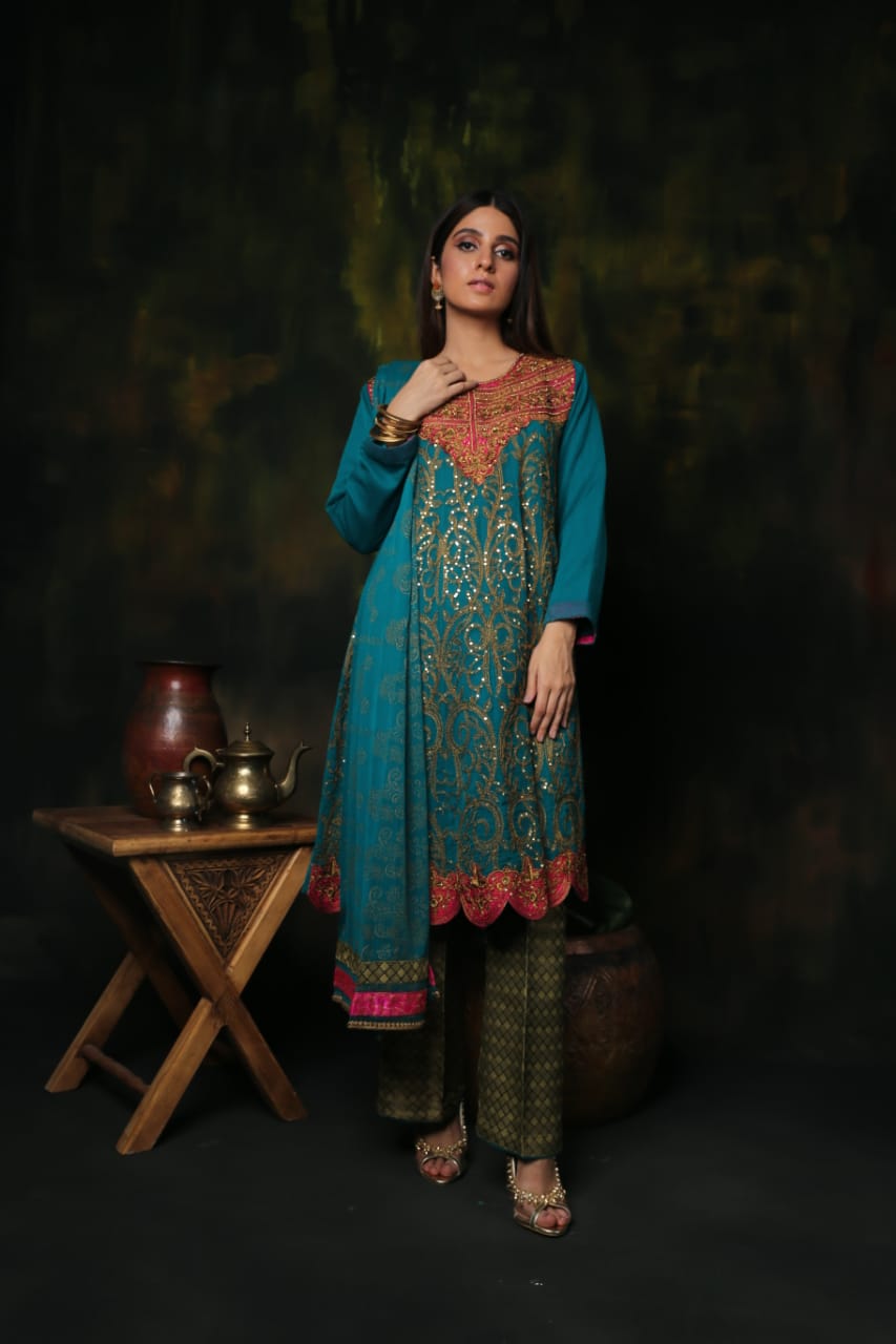 Komal's LDD-01038 | Tea Green | Formal 3 Piece Suit | Polyester Chiffon