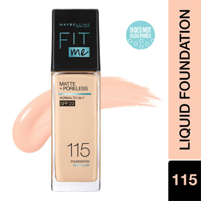 Maybelline New York Fit Me Matte + Poreless Liquid Foundation, 115 Ivory | Matte Foundation | Oil Control Foundation | Founda