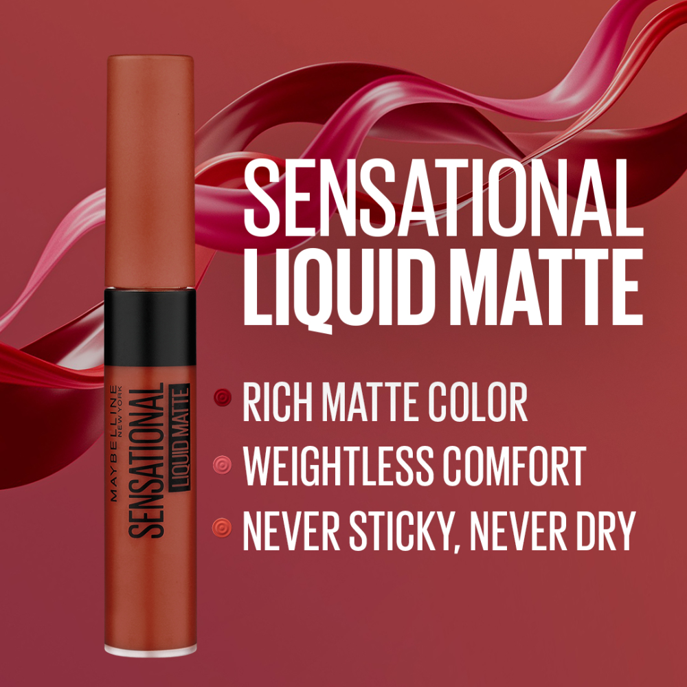 Maybelline New York Sensational Liquid Matte Lipstick, 17 Stop On Red, 7ml - Liquid Lipstick Shades Delivering Intense Matte 