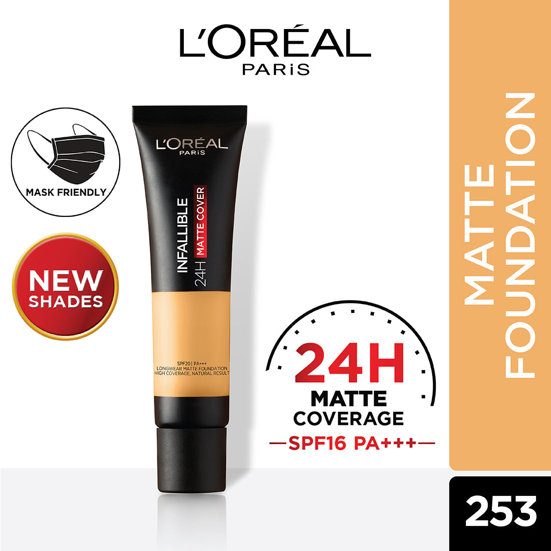 L'Oreal Paris Infallible 24H Matte Cover Liquid Foundation, 253 Caramel Sand, 35 ml