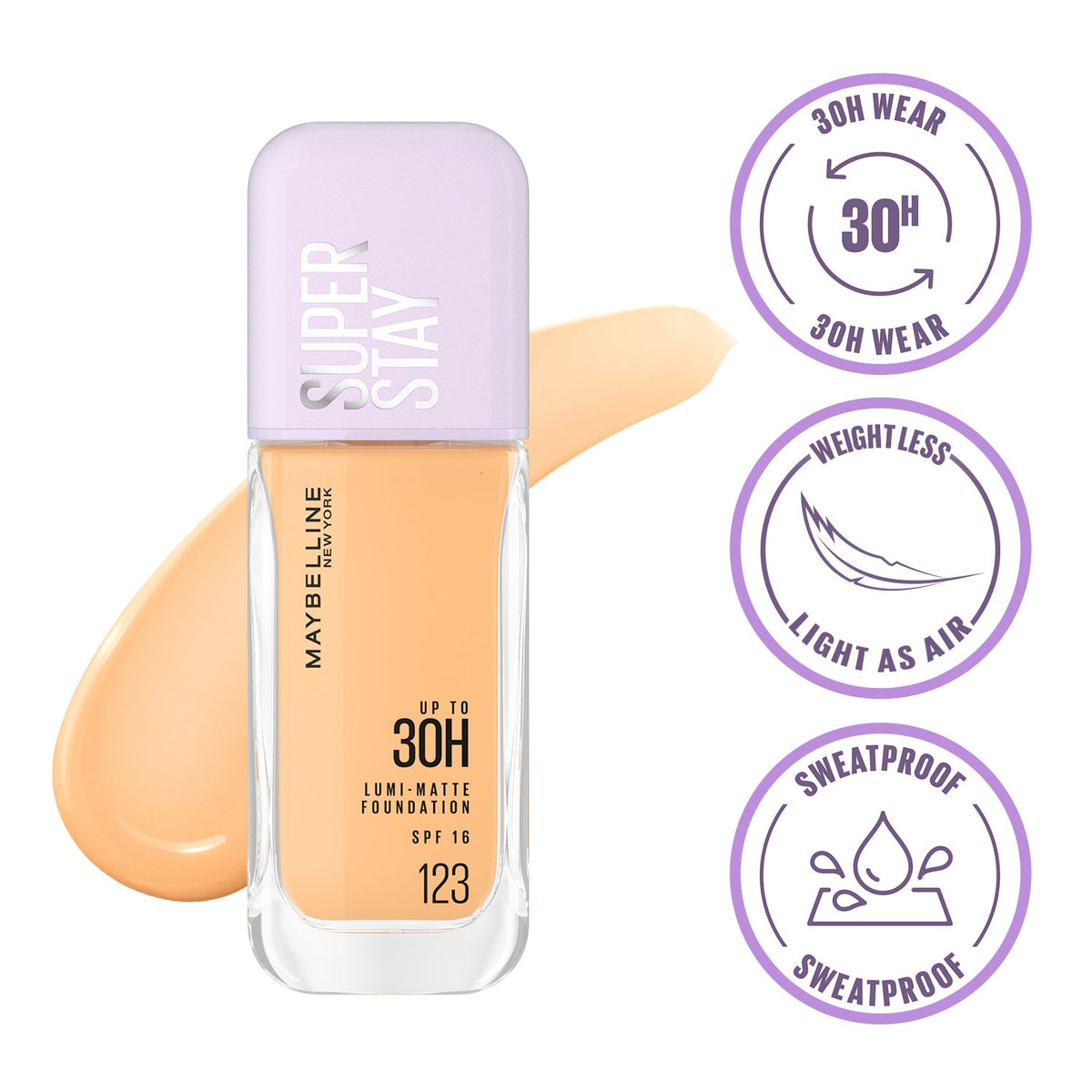 Maybelline New York Super Stay Lumi-Matte Liquid Foundation 30H Longwear yet Light-As-Air, 123, 35ml
