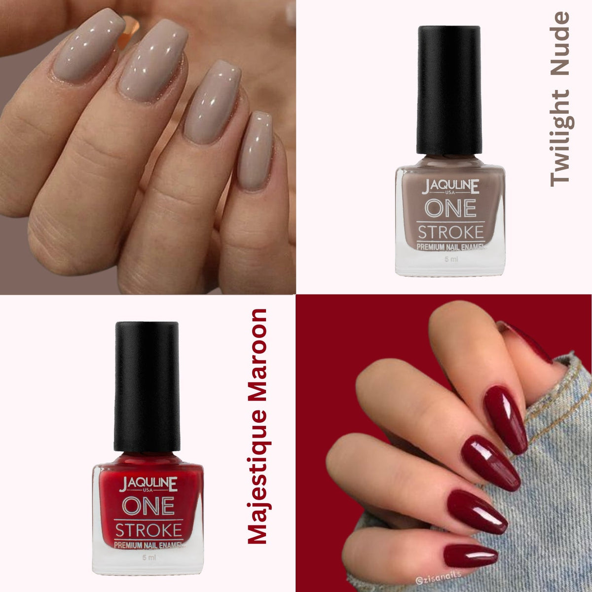 Jaquline USA One Stroke 4 In 1 Nail Kit, Long Lasting, Chip Resistant, Vegan, Quick Dry & Cruelty-Free Glossy Finish Nail Pai