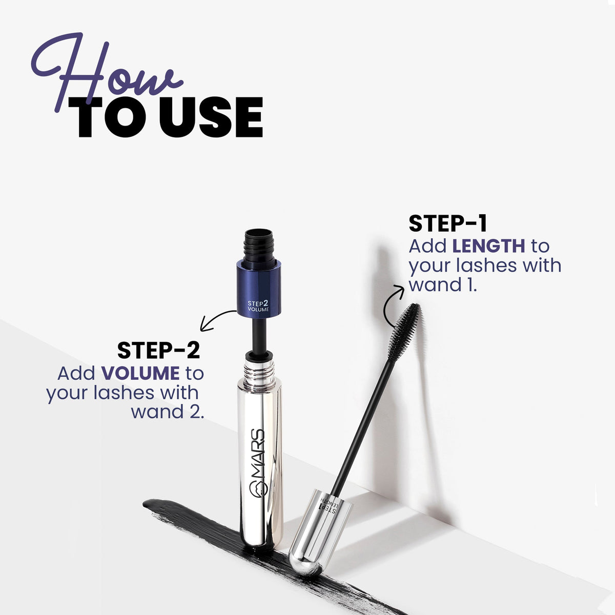 MARS Double Trouble Volumizing and Lengthening Mascara | 2-in-1 Mascara for Women | Long Lasting (15 ml) (Black)