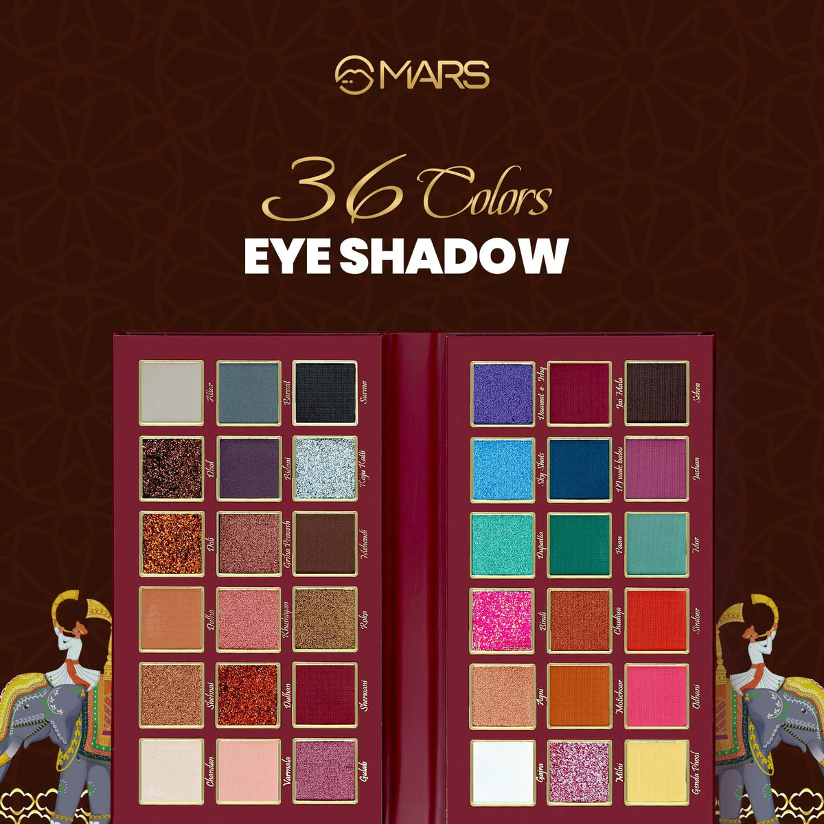 MARS Jashn-e-Shringaar 36 Color Eyeshadow Palette | Matte, Shimmer & Glitter Shades | Highly Pigmented Party Palette (36.0 gm