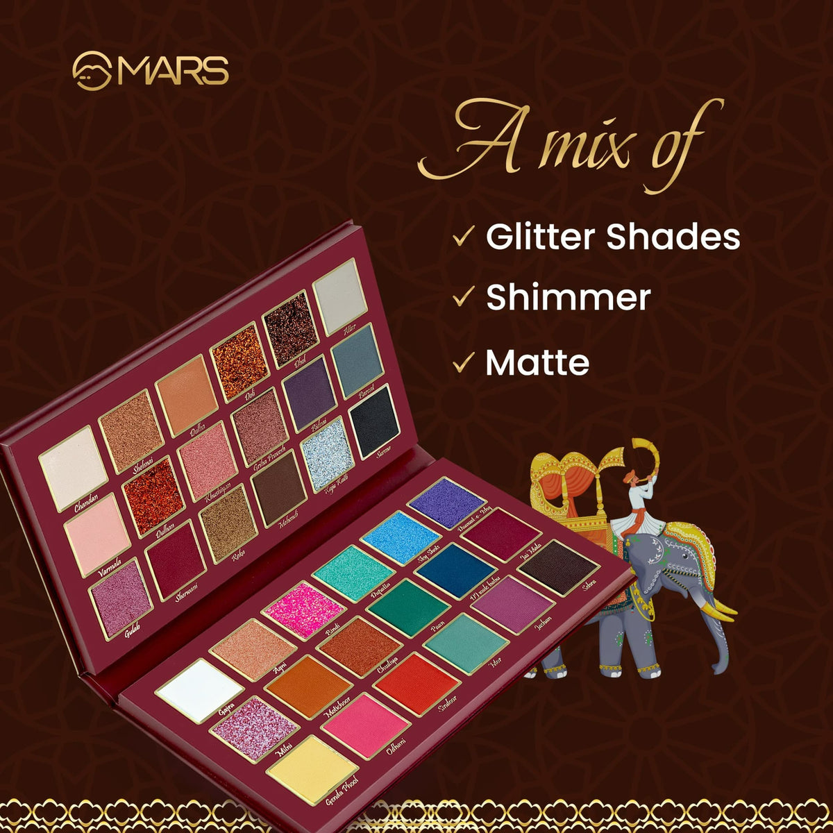 MARS Jashn-e-Shringaar 36 Color Eyeshadow Palette | Matte, Shimmer & Glitter Shades | Highly Pigmented Party Palette (36.0 gm