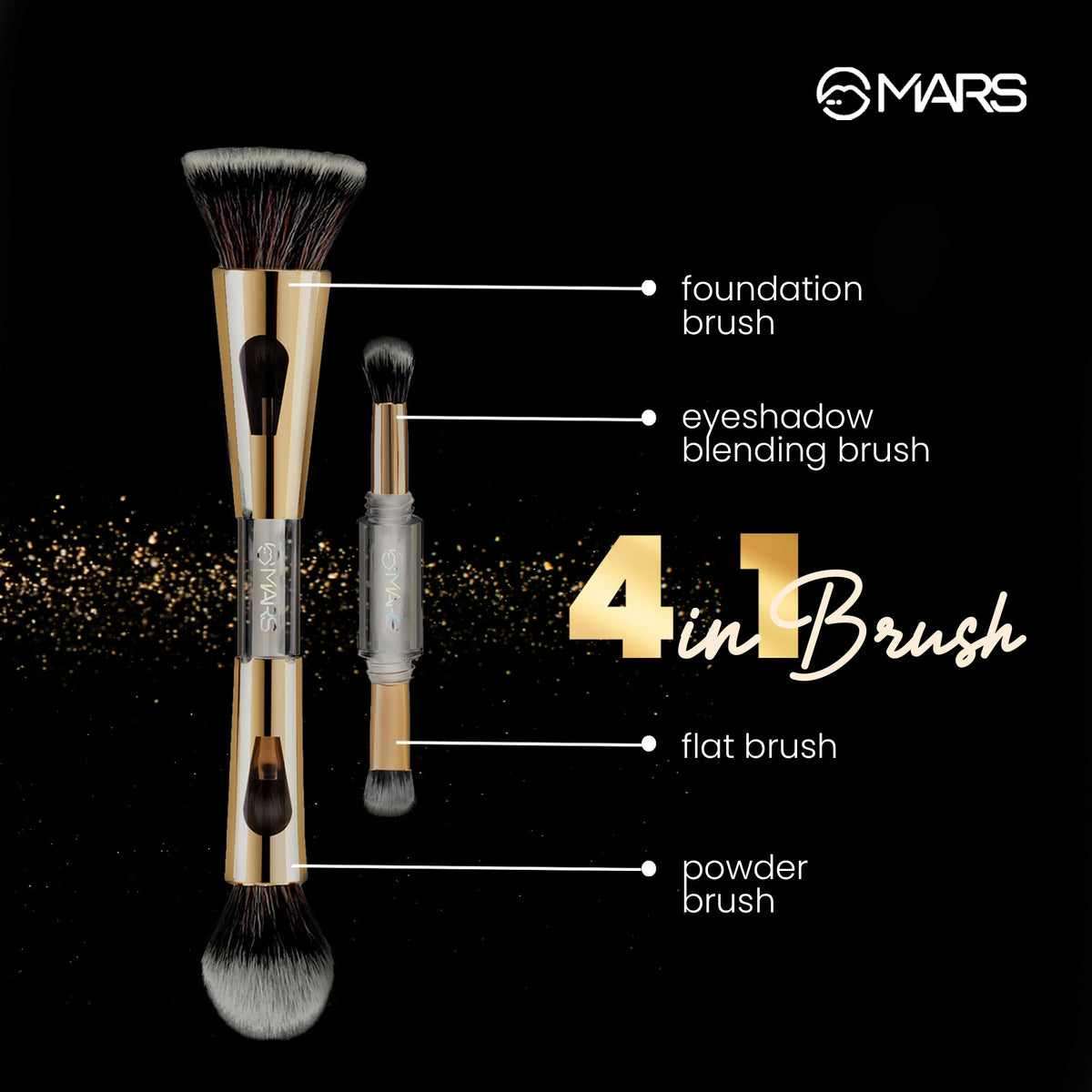 MARS 4 in 1 Travel Brush with Foundation Brush, Powder Brush, Eyeshadow Blending Brush & Flat Brush | Soft Bristles Makeup Br
