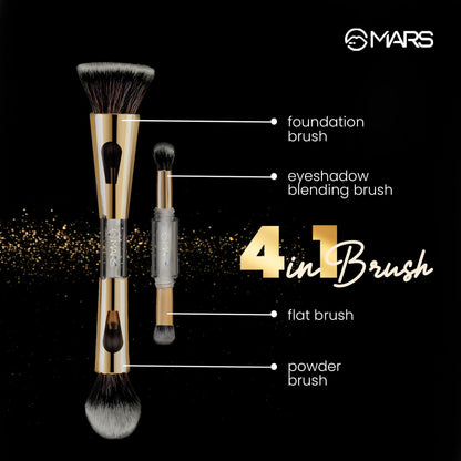 MARS 4 in 1 Travel Brush with Foundation Brush, Powder Brush, Eyeshadow Blending Brush & Flat Brush | Soft Bristles Makeup Br