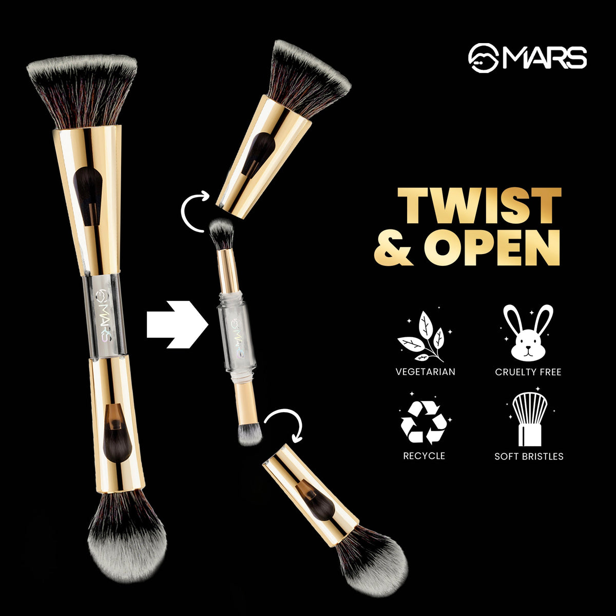 MARS 4 in 1 Travel Brush with Foundation Brush, Powder Brush, Eyeshadow Blending Brush & Flat Brush | Soft Bristles Makeup Br