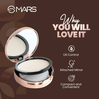 MARS Matte On Compact Powder with Applicator Puff | Flawless Matte Finish for Face Makeup | Absorbs Oil, Conceals, and Blurs 