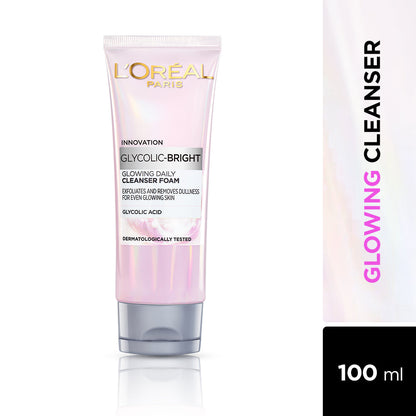L'Oreal Paris Glycolic Bright Daily Foaming Face Cleanser, 100ml | Glycolic Acid Face Wash for Dull Skin | Daily Glowing Faci