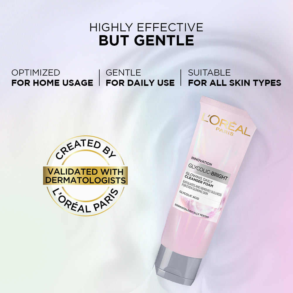 L'Oreal Paris Glycolic Bright Daily Foaming Face Cleanser, 100ml | Glycolic Acid Face Wash for Dull Skin | Daily Glowing Faci