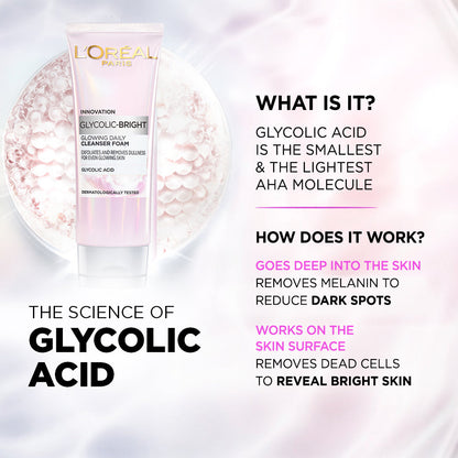 L'Oreal Paris Glycolic Bright Daily Foaming Face Cleanser, 100ml | Glycolic Acid Face Wash for Dull Skin | Daily Glowing Faci