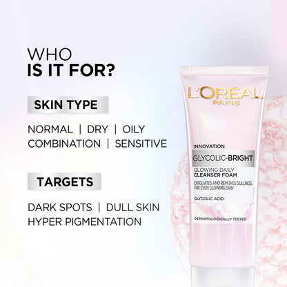 L'Oreal Paris Glycolic Bright Daily Foaming Face Cleanser, 100ml | Glycolic Acid Face Wash for Dull Skin | Daily Glowing Faci