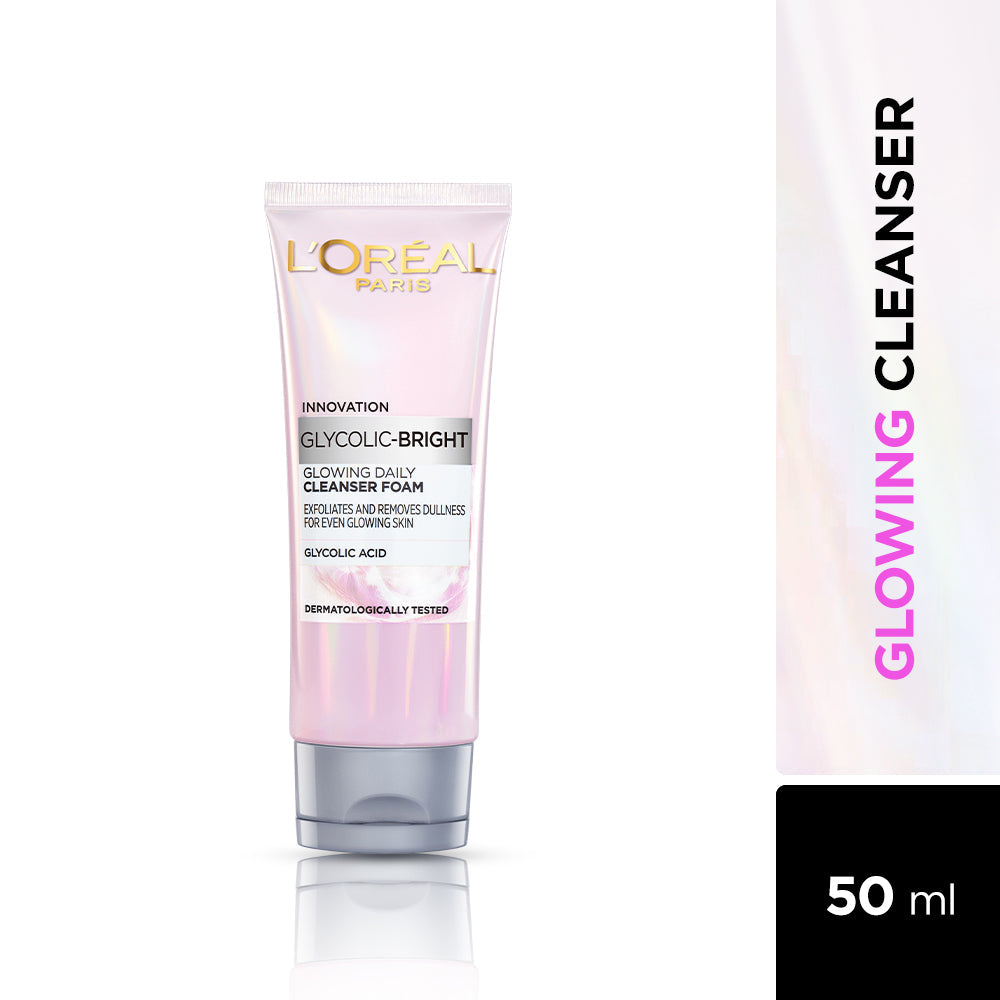 L'Oreal Paris Glycolic Bright Daily Foaming Face Cleanser, 50ml | Glycolic Acid Face Wash for Dull Skin | Daily Glowing Facia