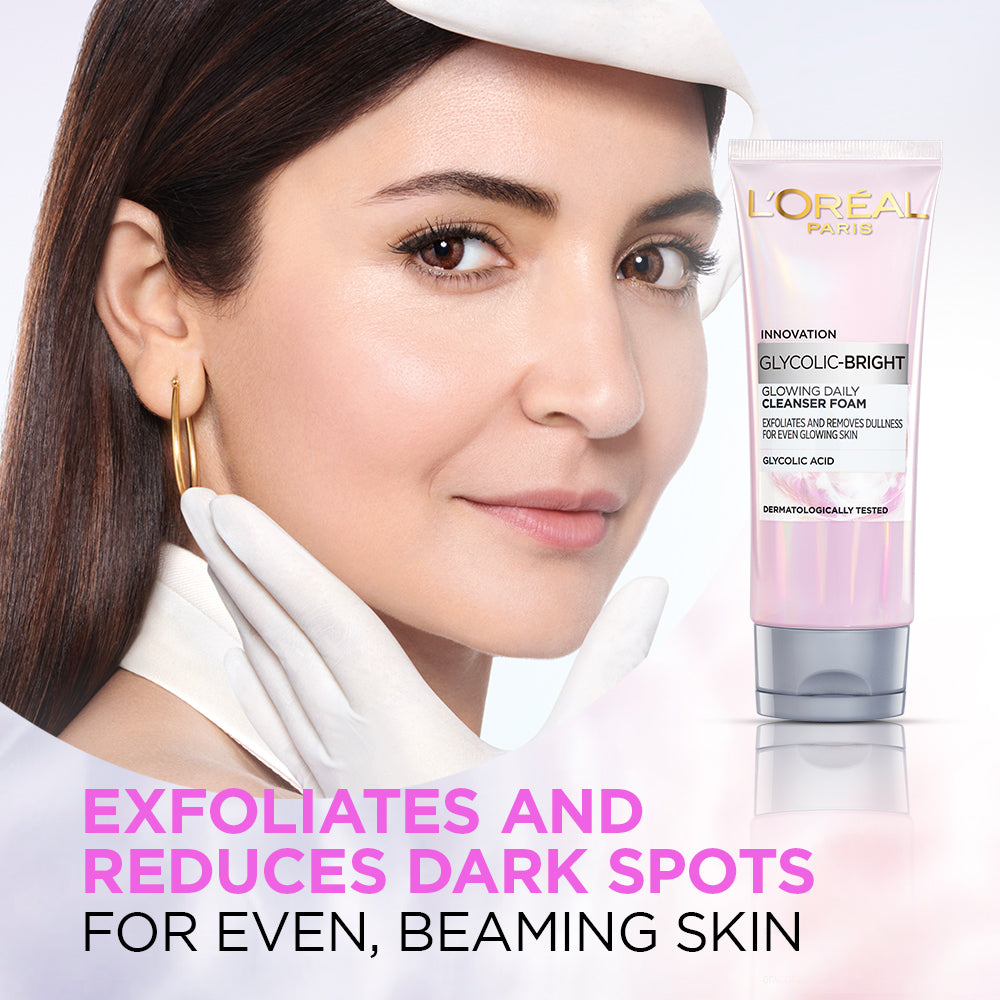 L'Oreal Paris Glycolic Bright Daily Foaming Face Cleanser, 50ml | Glycolic Acid Face Wash for Dull Skin | Daily Glowing Facia