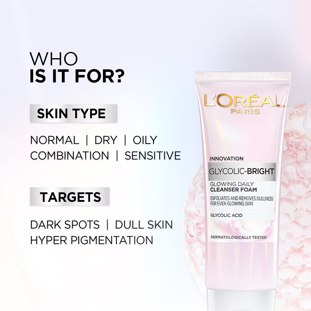 L'Oreal Paris Glycolic Bright Daily Foaming Face Cleanser, 50ml | Glycolic Acid Face Wash for Dull Skin | Daily Glowing Facia