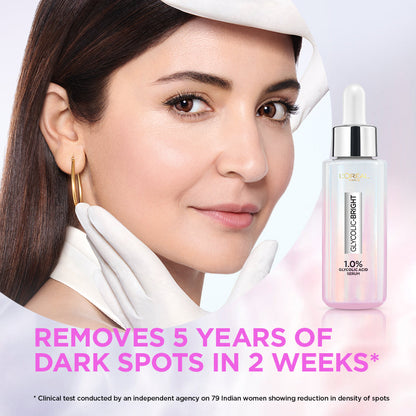 L'Oreal Paris Glycolic Bright Skin Brightening Serum, 15ml | 1% Glycolic Acid Serum for Dark Spots, Pigmentation & Uneven Ski