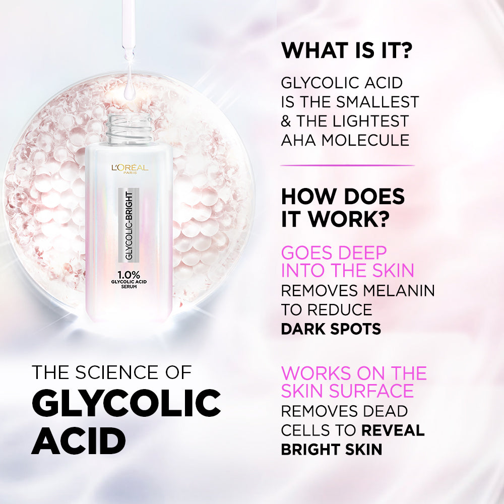 L'Oreal Paris Glycolic Bright Skin Brightening Serum, 15ml | 1% Glycolic Acid Serum for Dark Spots, Pigmentation & Uneven Ski