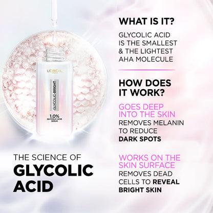 L'Oreal Paris Glycolic Bright Skin Brightening Serum, 15ml | 1% Glycolic Acid Serum for Dark Spots, Pigmentation & Uneven Ski