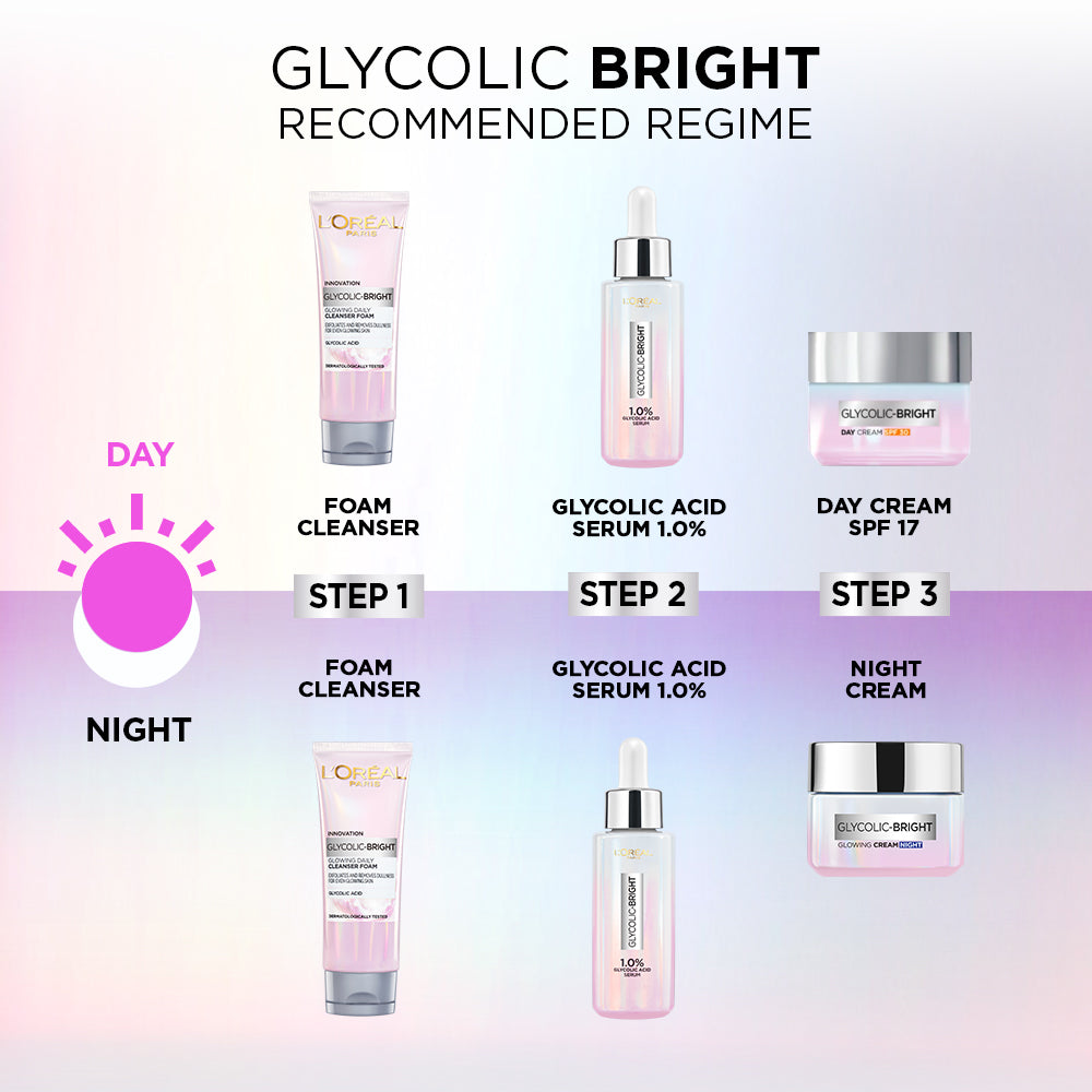 L'Oreal Paris Glycolic Bright Skin Brightening Serum, 15ml | 1% Glycolic Acid Serum for Dark Spots, Pigmentation & Uneven Ski