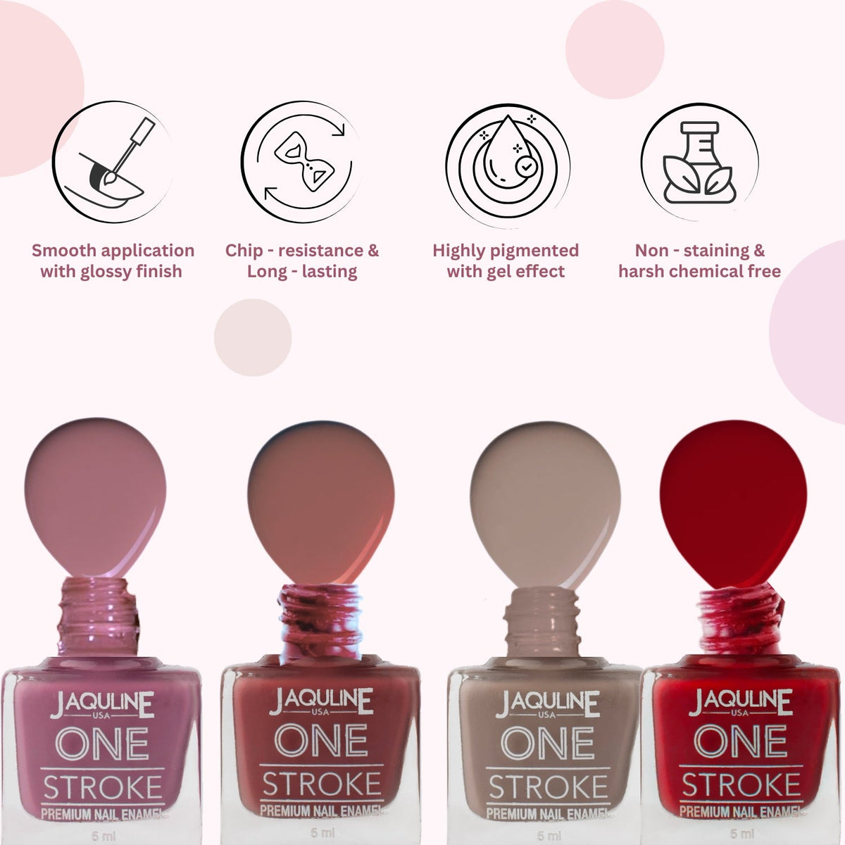 Jaquline USA One Stroke 4 In 1 Nail Kit, Long Lasting, Chip Resistant, Vegan, Quick Dry & Cruelty-Free Glossy Finish Nail Pai
