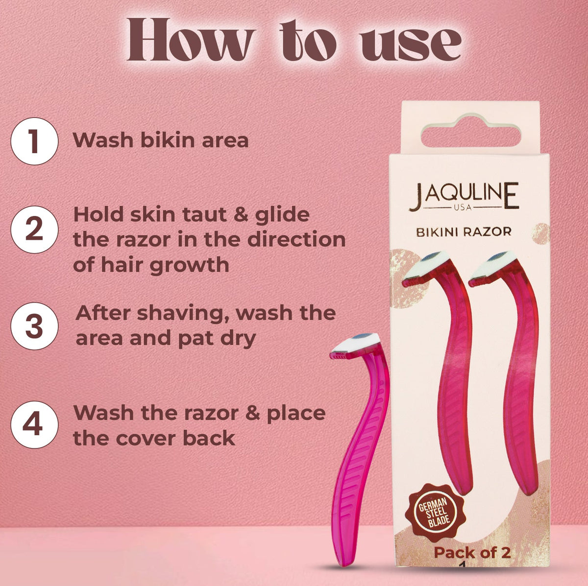 JAQULINE USA Bikini Razor for Women, Safe Intimate Hair Trimmer with Comb, Pack of 2