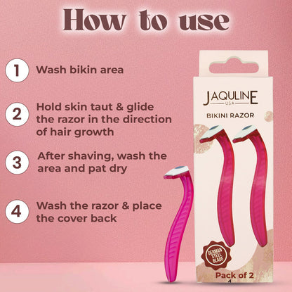 JAQULINE USA Bikini Razor for Women, Safe Intimate Hair Trimmer with Comb, Pack of 2