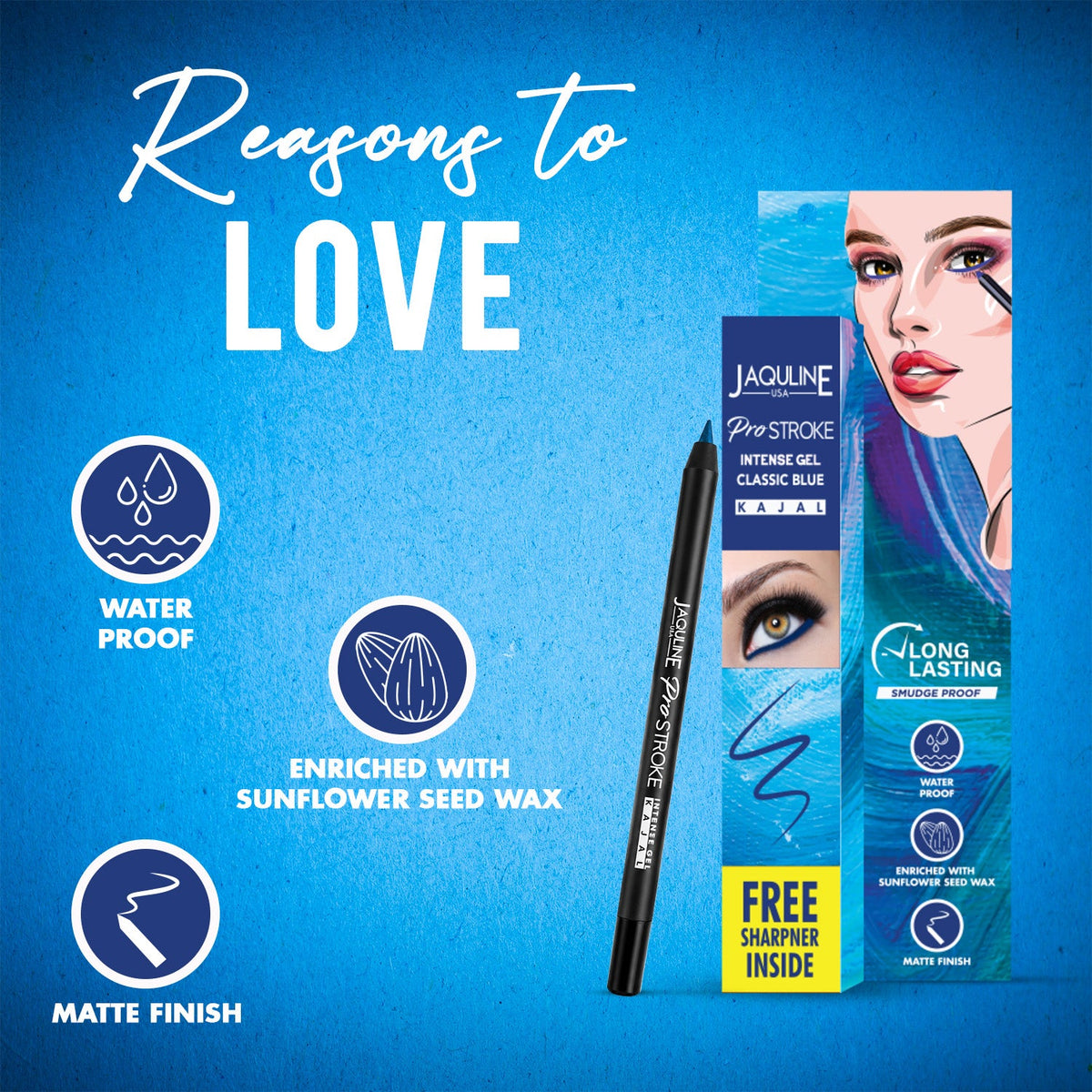 Jaquline USA Pro Stroke Intense Gel Kajal Classic Blue 1.2g|Smudge Proof |Long Lasting |Waterproof| Enriched with Vitamin E