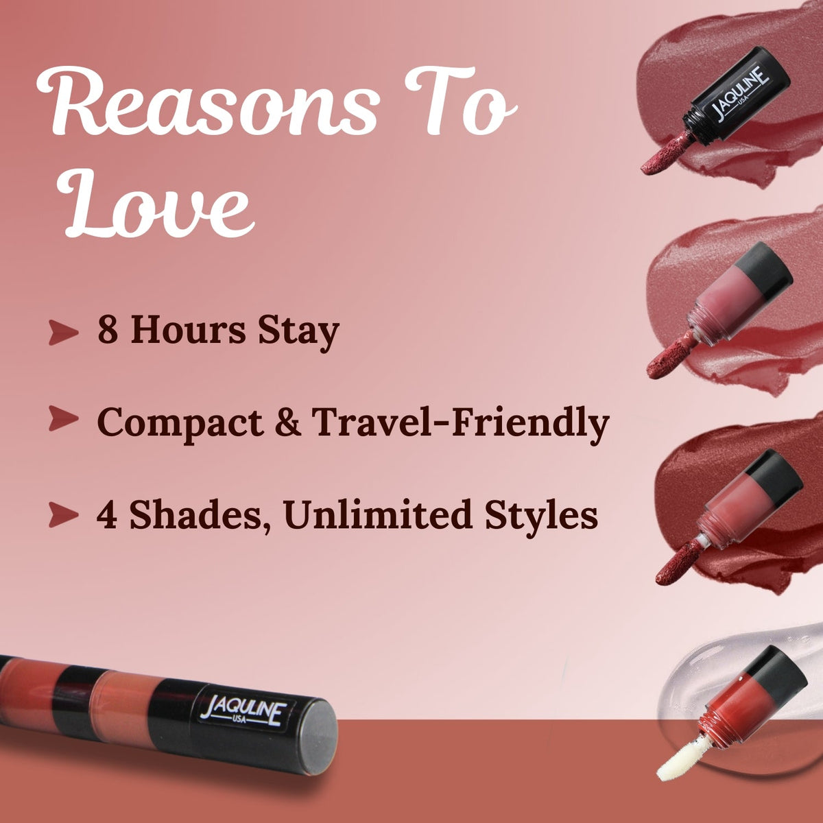 Jaquline USA Stack Attack 4 in 1 Liquid Lipstick-Boss Bold (Bold Pink+ Bold Brown+ Bold Red+ Transparent Gloss) 4ml |Light We