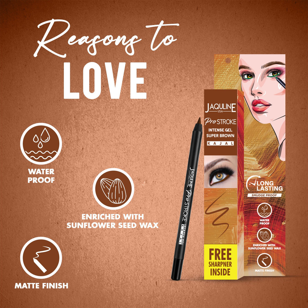 Jaquline USA Pro Stroke Intense Gel Kajal Super Brown 1.2 g |Smudge Proof |Long Lasting |Waterproof| Enriched with Vitamin E