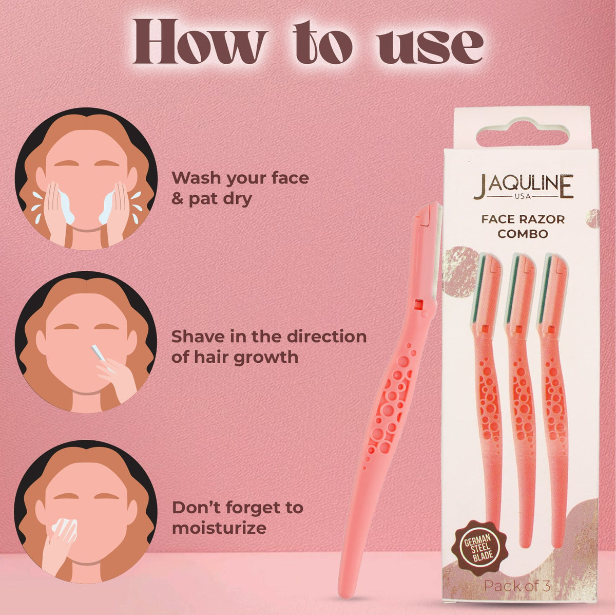 JAQULINE USA Face Razor for Women, Facial Hair & Peach Fuzz Remover, Pack of 3