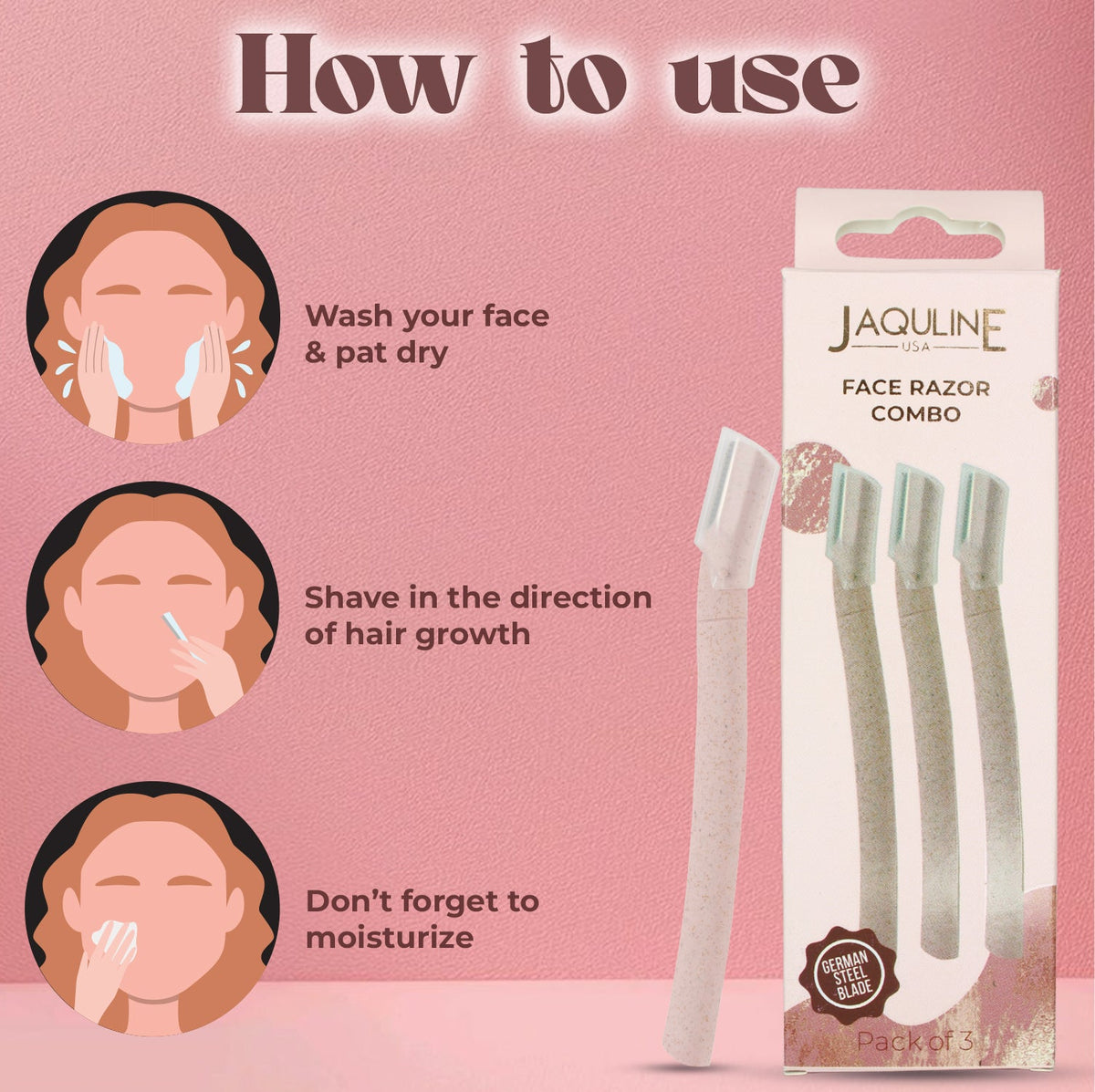 JAQULINE USA Face Razor for Women, Dermaplaning Tool for Eyebrows & Peach Fuzz, Pack of 3