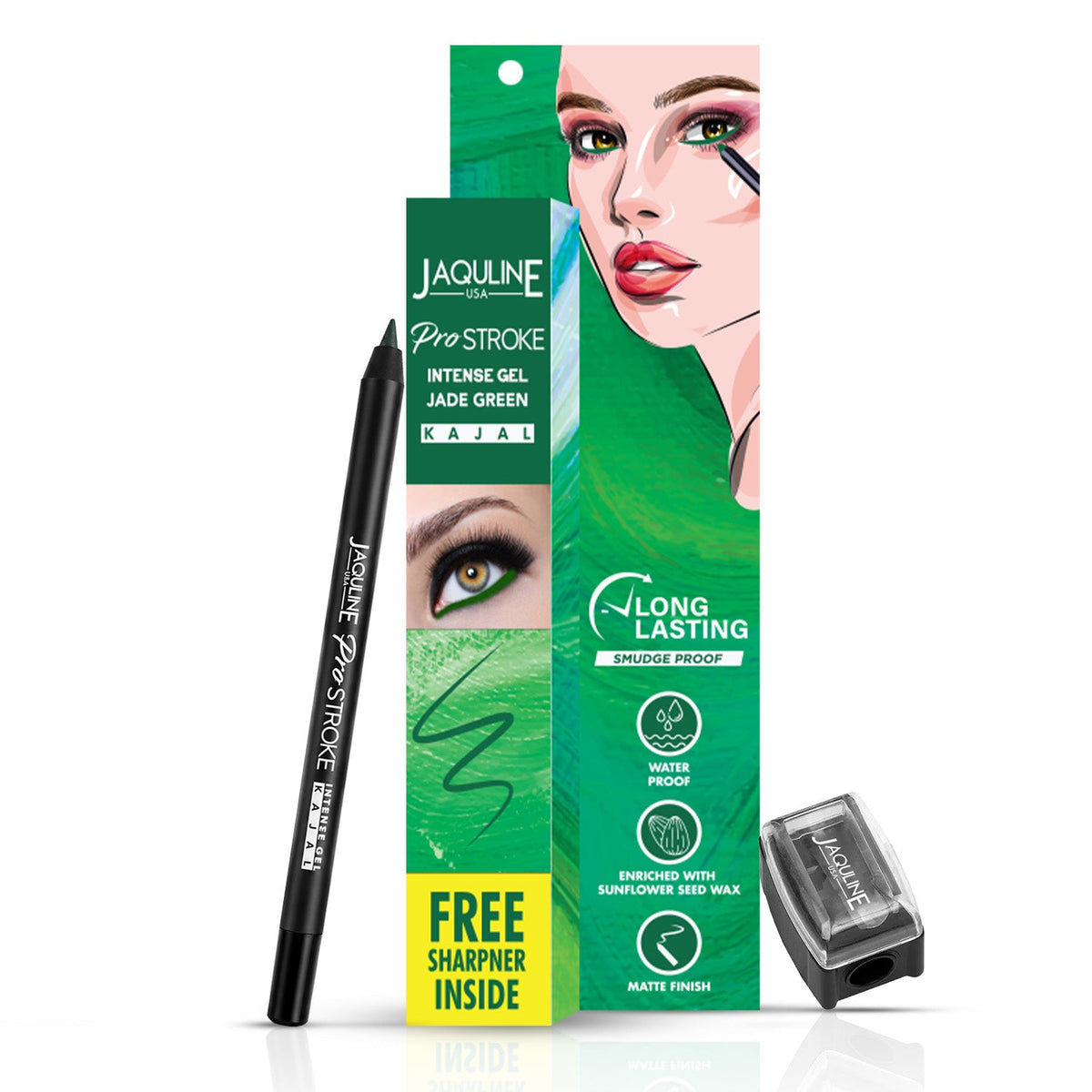 Jaquline USA Pro Stroke Intense Gel Kajal Jade Green 1.2 g |Smudge Proof |Long Lasting |Waterproof| Enriched with Vitamin E
