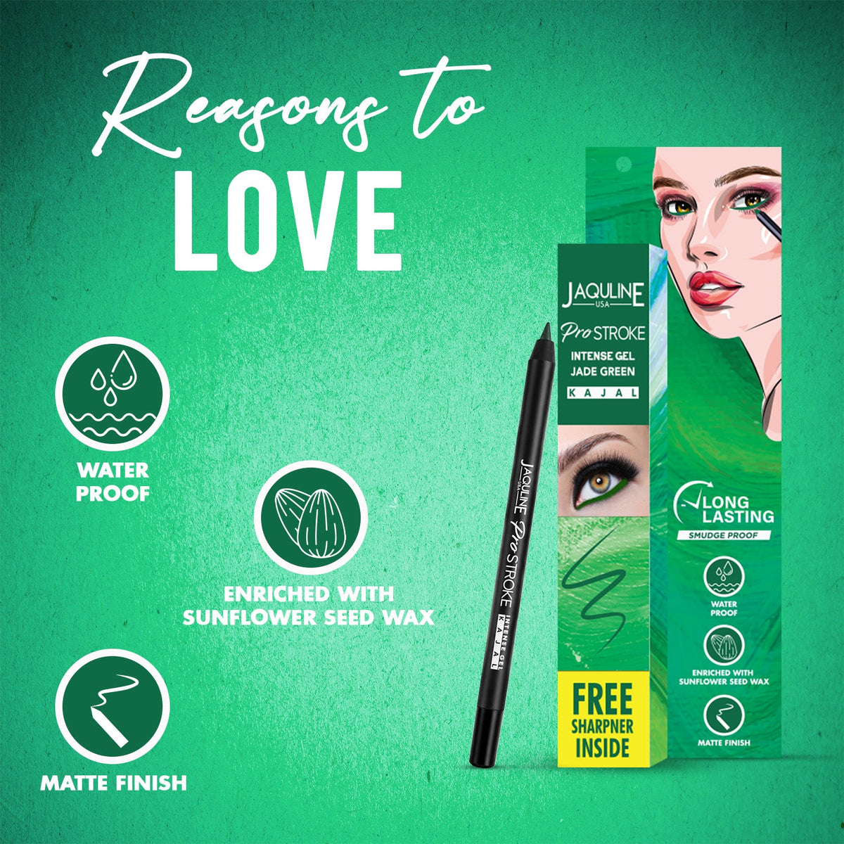 Jaquline USA Pro Stroke Intense Gel Kajal Jade Green 1.2 g |Smudge Proof |Long Lasting |Waterproof| Enriched with Vitamin E