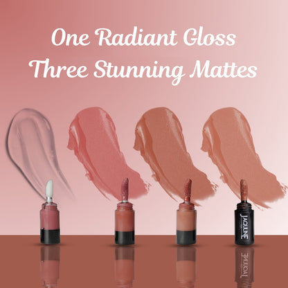 Jaquline USA Stack Attack 4 in 1 Liquid Lipstick-Nude Mood (Nude Beige+ Nude Brown+ Nude Pink + Transparent Gloss) 4ml |Light