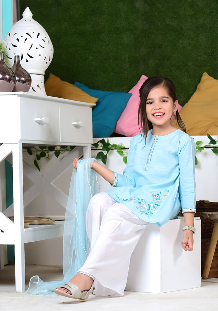 Komal's OFK 704 - Blue Chambray Cotton - 3PC Suit