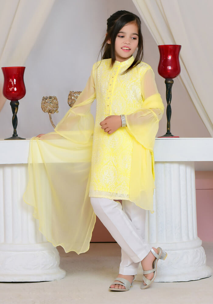 Komal's OFW 229 - Lemon Yellow Chiffon with Embroidery - 3PC Suit