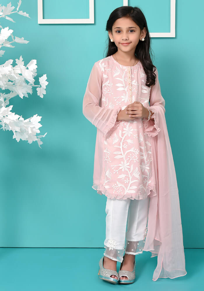 Komal's Tea Pink Chiffon Top with Embroidery - 3PC Suit