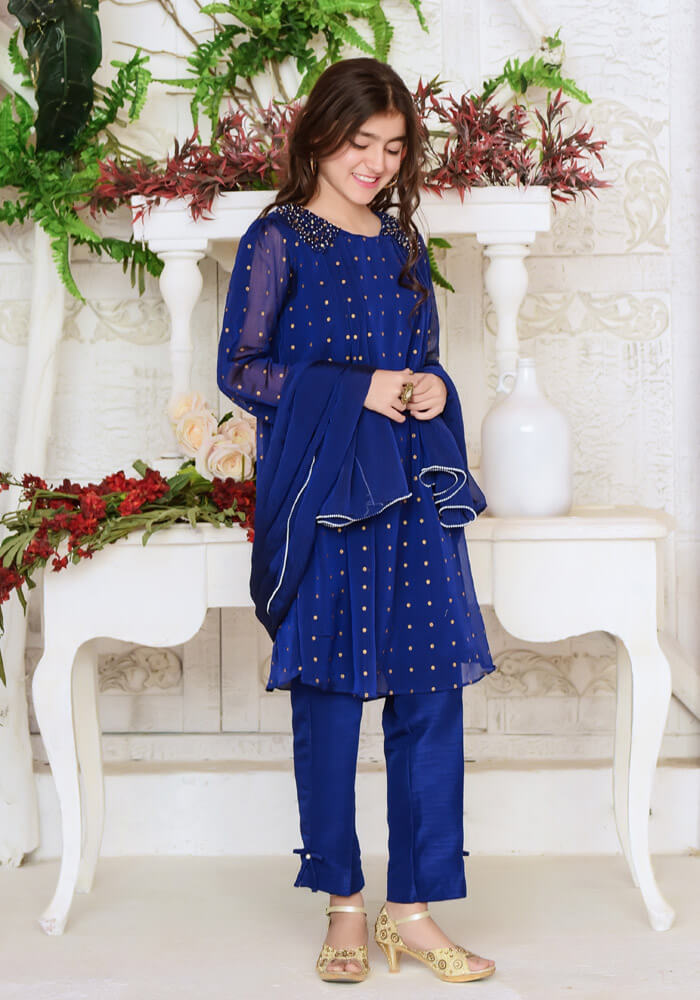 Komal's Royal Blue Chiffon With Hand Adda Work