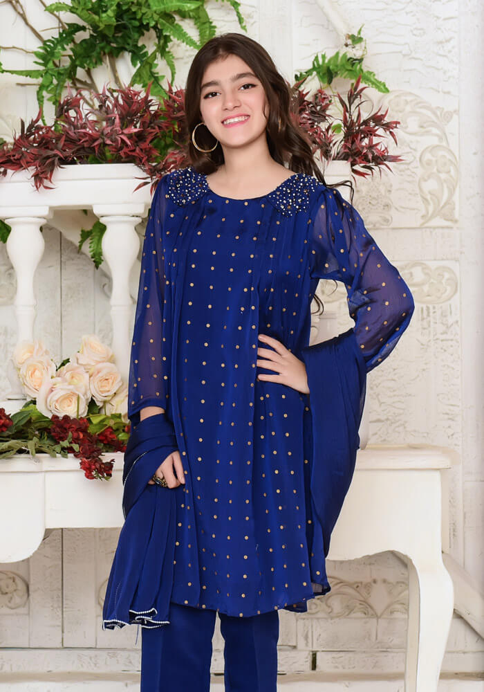 Komal's Royal Blue Chiffon With Hand Adda Work