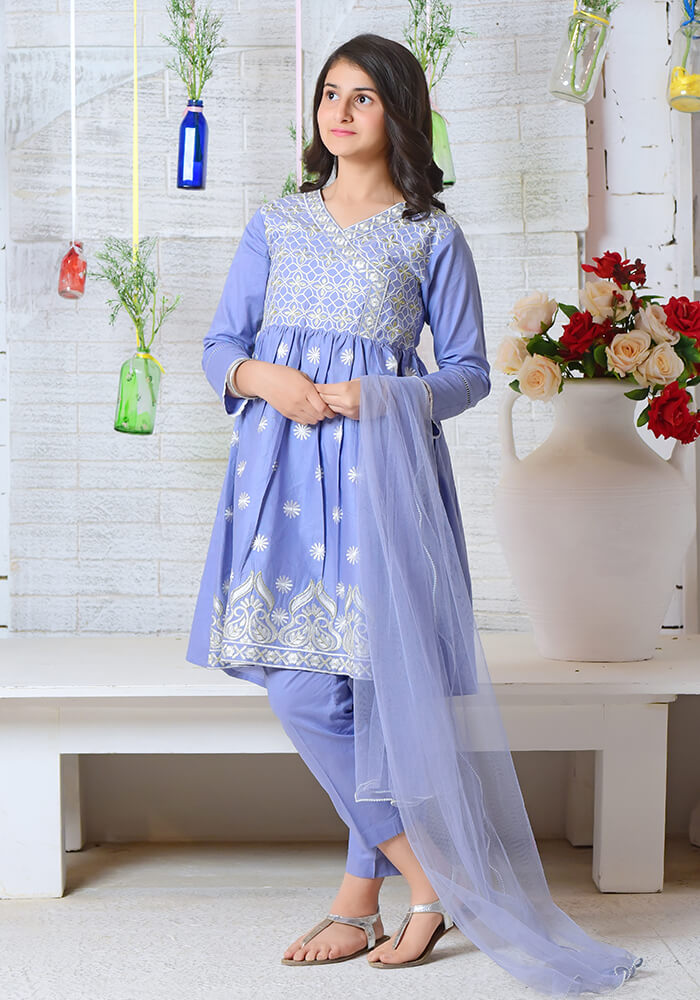 Komal's Blue Cotton Top with Embroidery - 3PC Suit
