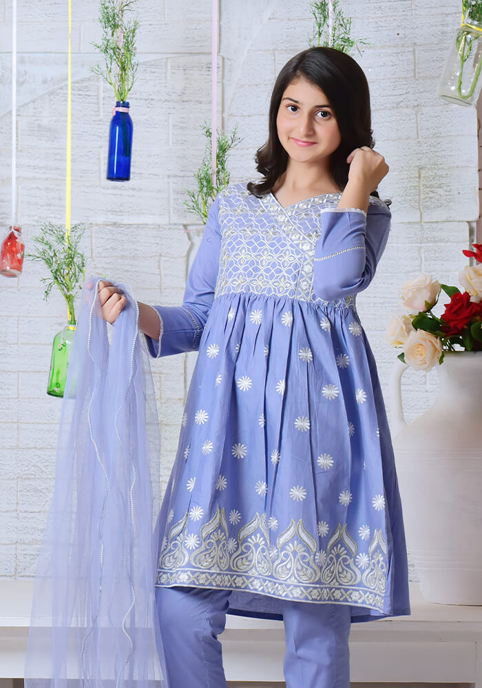 Komal's Blue Cotton Top with Embroidery - 3PC Suit